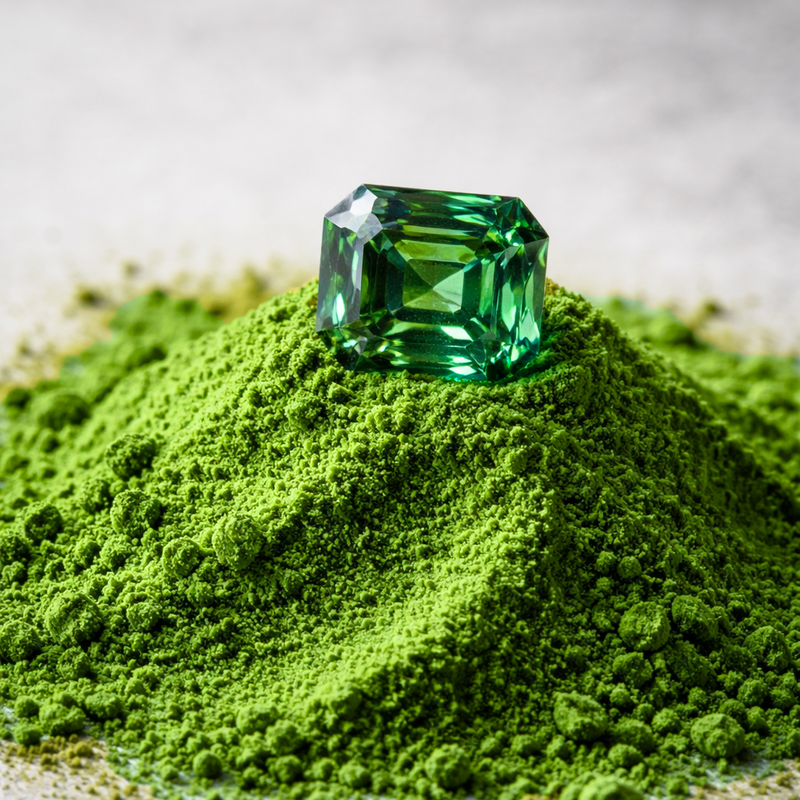 Emerald gemstone on a pile of green powder against a neutral background