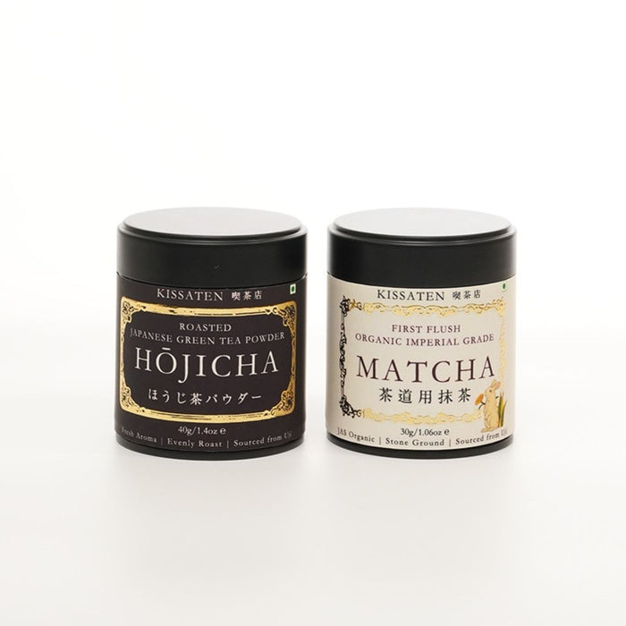 Matcha & Hōjicha Duo by Kissaten featuring premium Japanese green tea and roasted tea powder.
